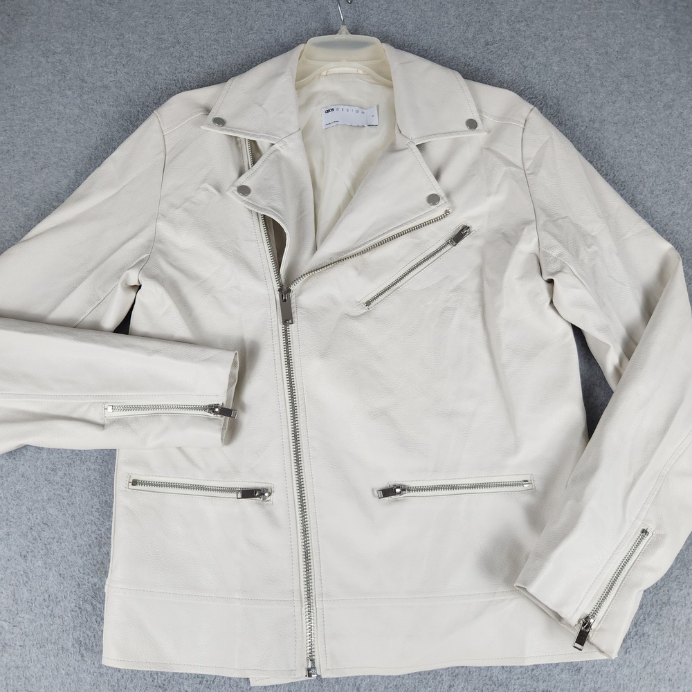 ASOS DESIGN Biker Jacket Mens Small Off-White Faux Leather Asymmetrical Zip
